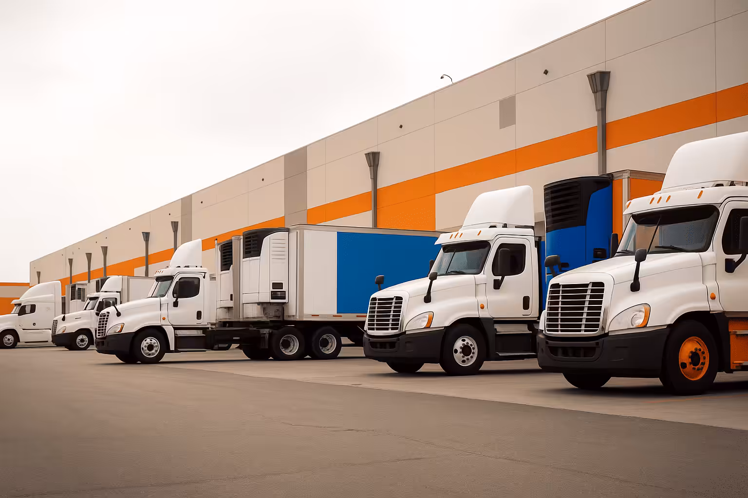 Row of white semi-trucks at a distribution center for efficient Trailer Spotting and Yard Management