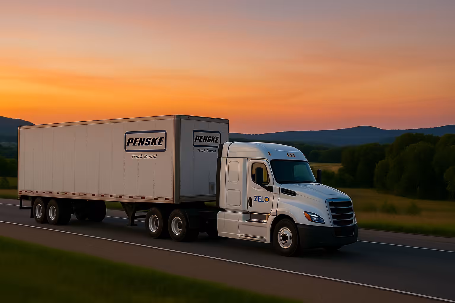 Zelo Express truck driving on a highway during sunset providing Texas yard managed services