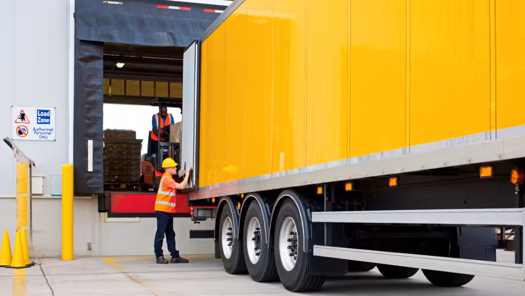 Workers loading a yellow semi-truck at a dock, highlighting Trailer Spotting and Yard Shuttling efficiency